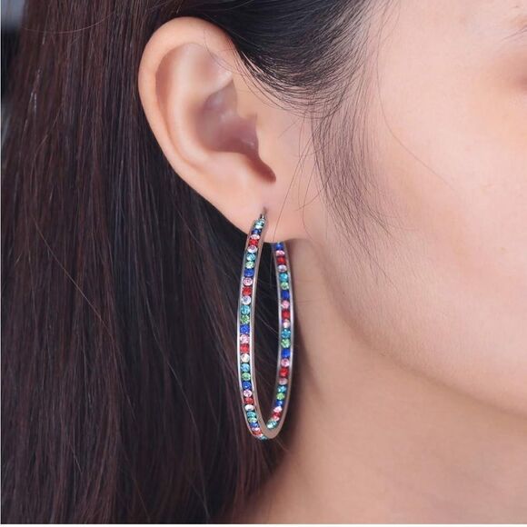 14K White Gold with Multi Colored Cubic Zirconia Big Hoop Latch Back Earrings - Picture 5 of 6
